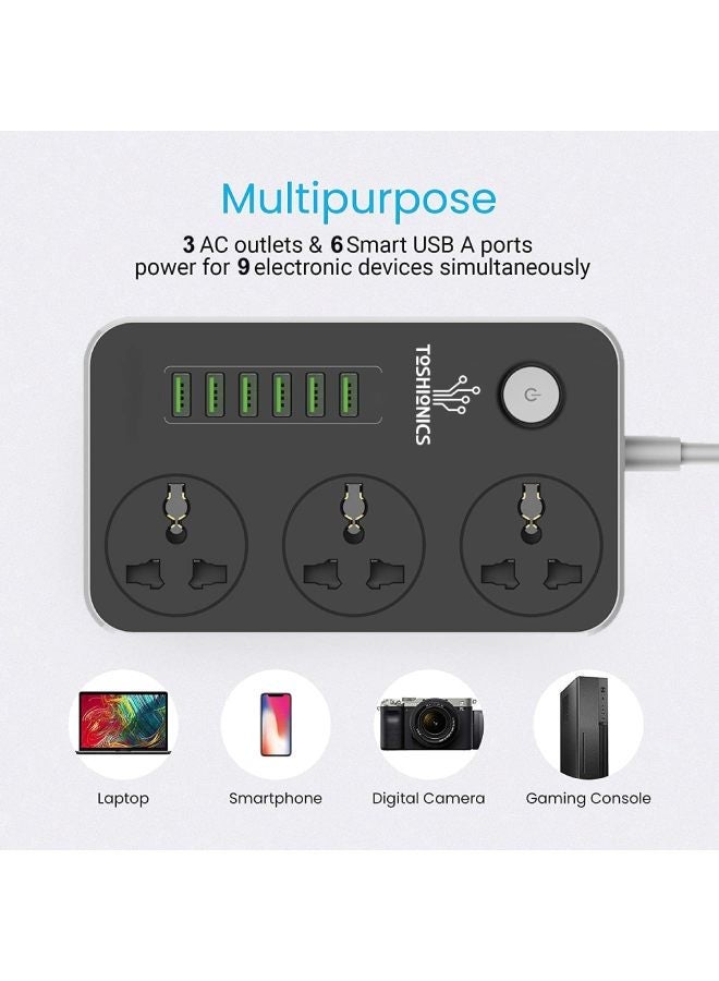 3 Way Power Strips Extension Cords | Adapter Extension 6 USB Charging Ports | 3 Universal Plugs Power Strip With 2 Metres Surge Protection Cable Extension Black/Grey 150x97x30mm - Image 2
